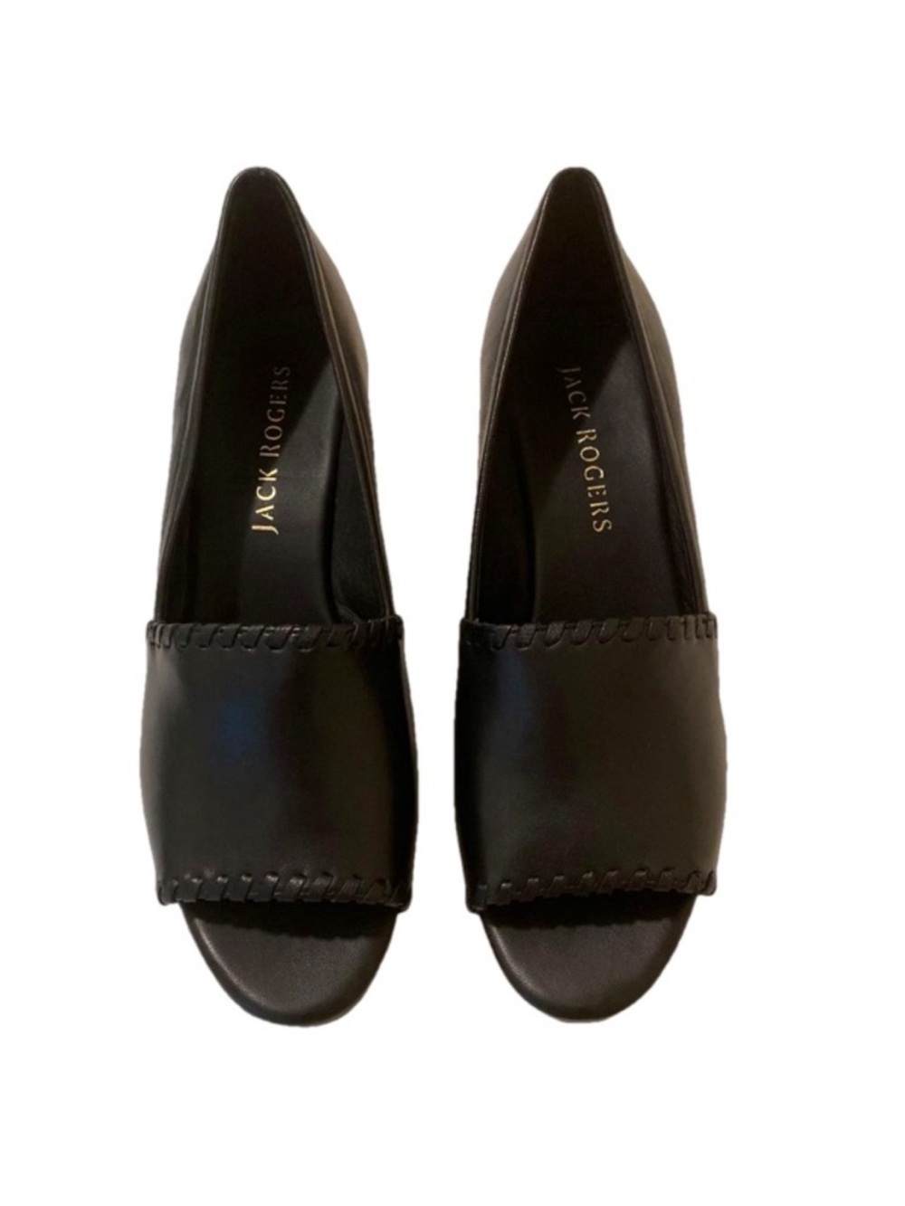 Jack Rogers Palmer Black Leather Stacked Wedge Sandals Whipstitch Trim - Picture 4 of 9
